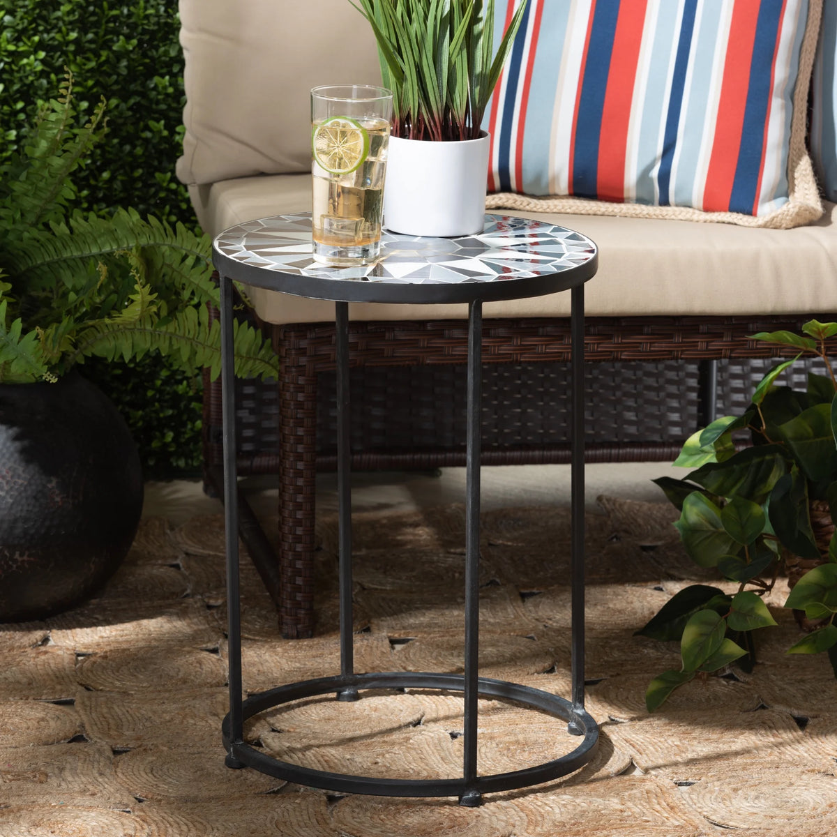 Multi-Colored Glass and Black Metal Outdoor Side Table I26320