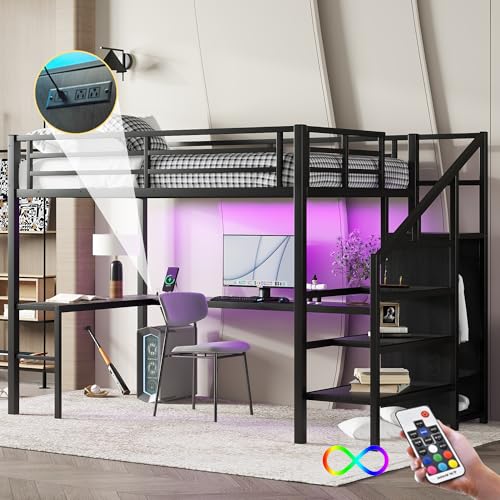 Full Size Black Metal Loft Bed with Desk and Wardrobe A367