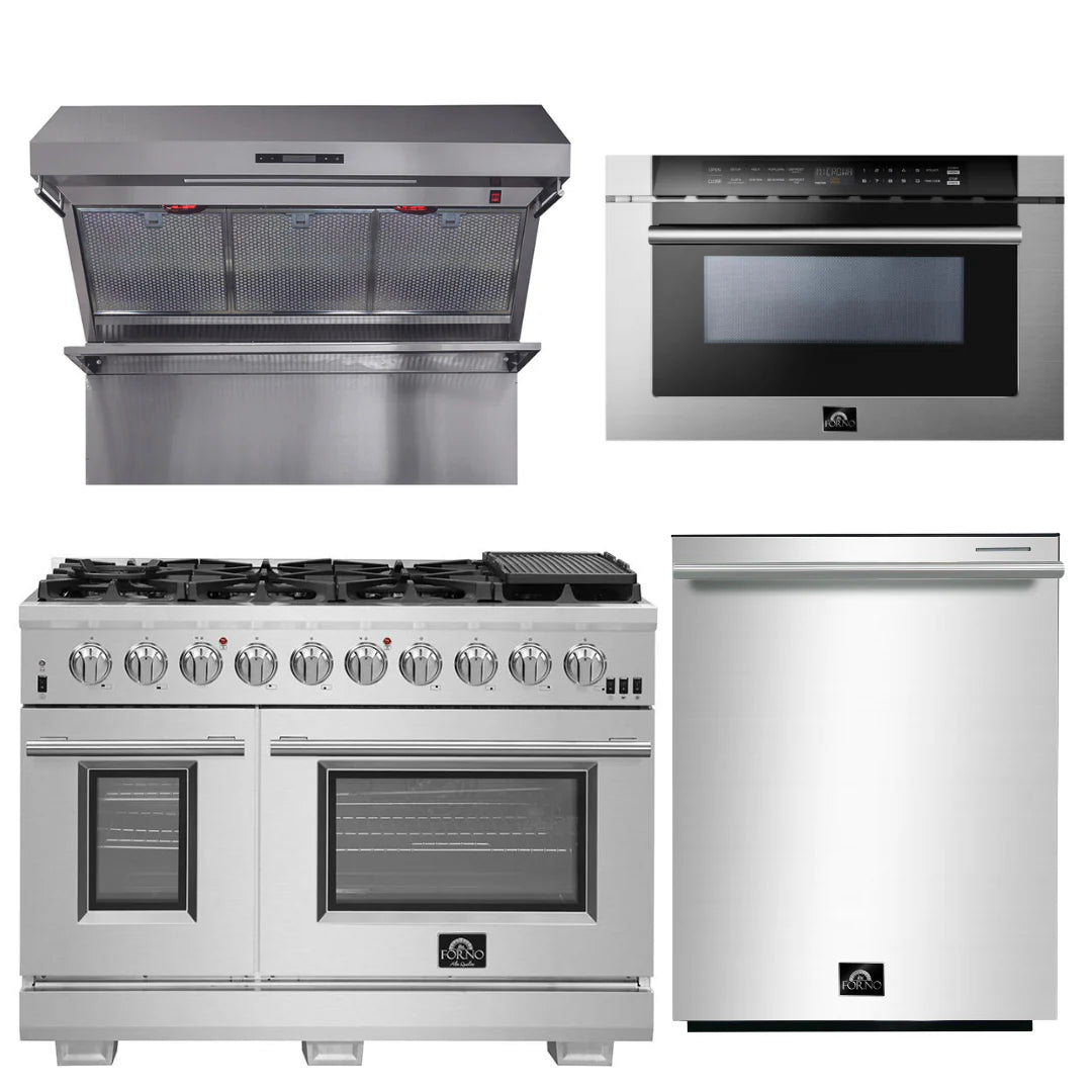 48 Inch Gas Burner Electric Oven Pro Range, Wall Mount Range Hood, Microwave Drawer, Dishwasher F944429