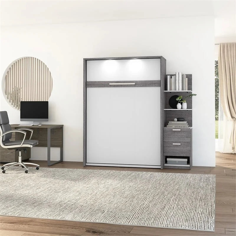 Bark Gray White Wood Full Murphy Bed with Nightstand C951388
