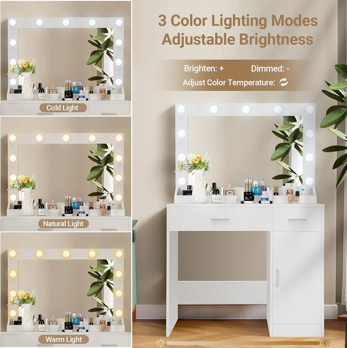 White Vanity Table with Light and Mirror B765