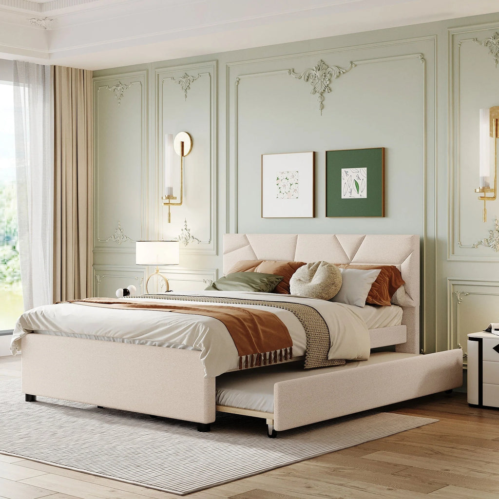 Beige Queen Size Upholstered Platform Bed with Twin Size Trundle K149432