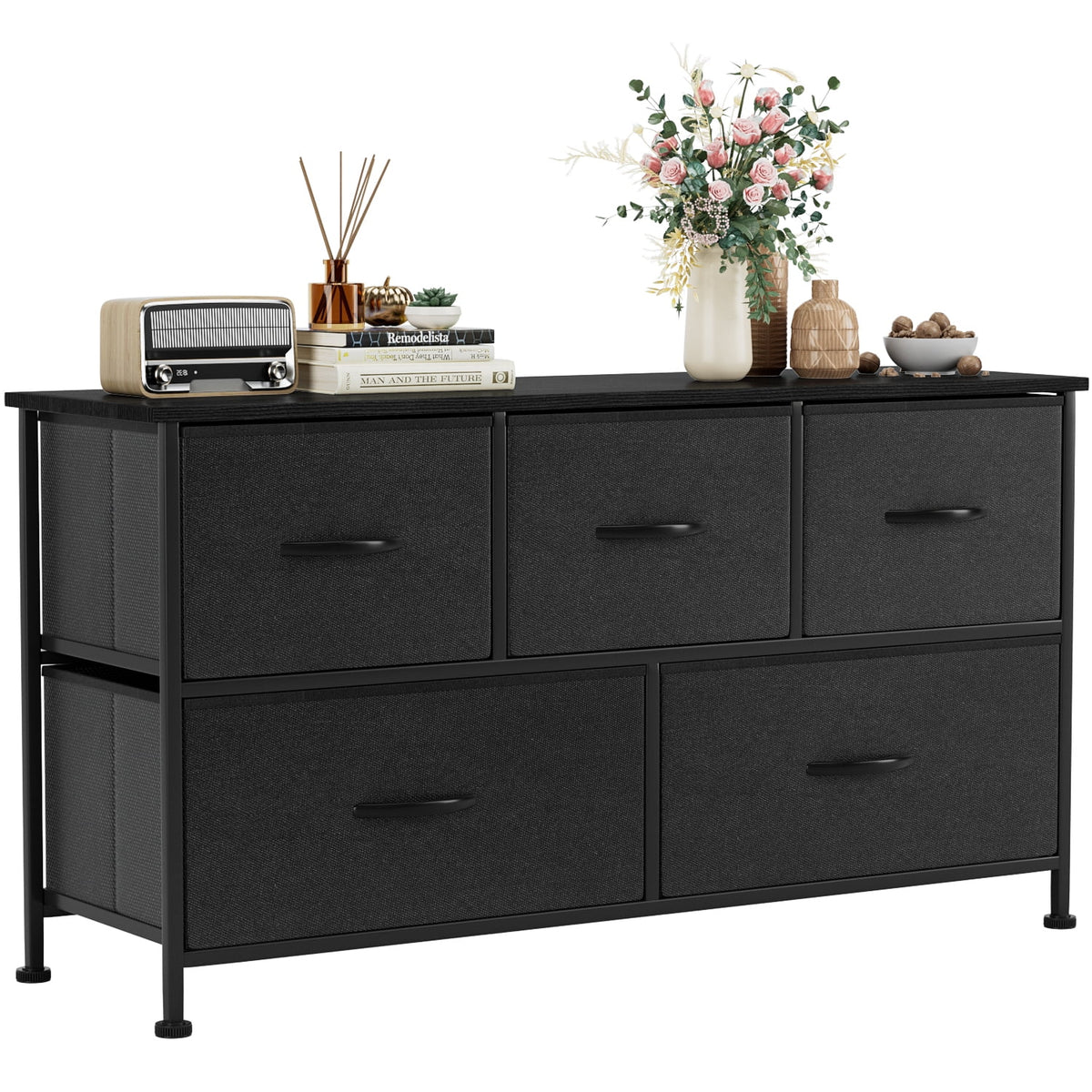 Black 5 Drawer Fabric Dresser Q596