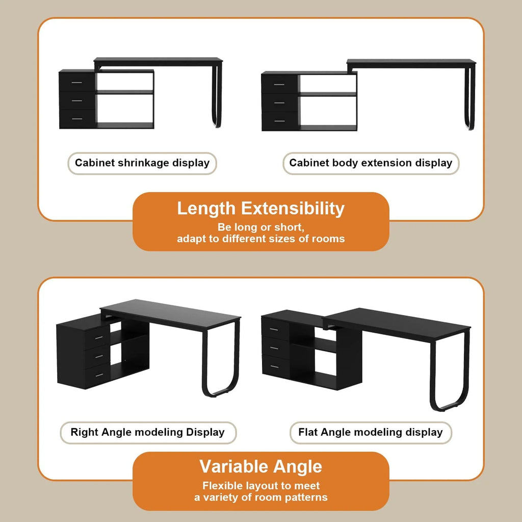 55.1" L-Shaped Office Desk with File Cabinet and 3 Drawers Black V260333