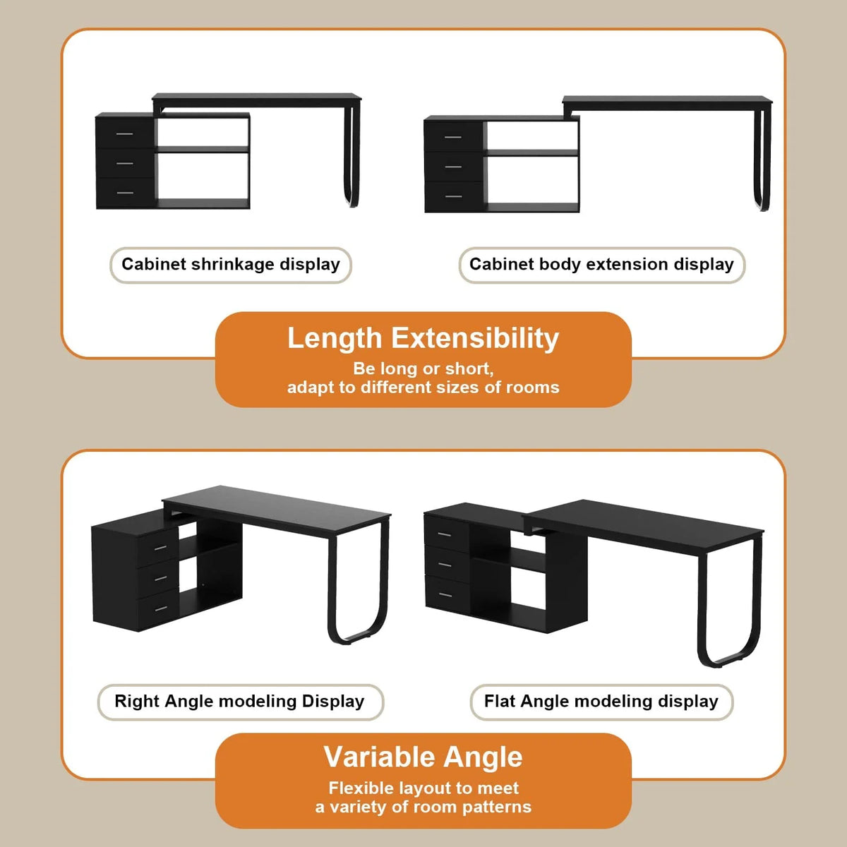 55.1" L-Shaped Office Desk with File Cabinet and 3 Drawers Black V260333