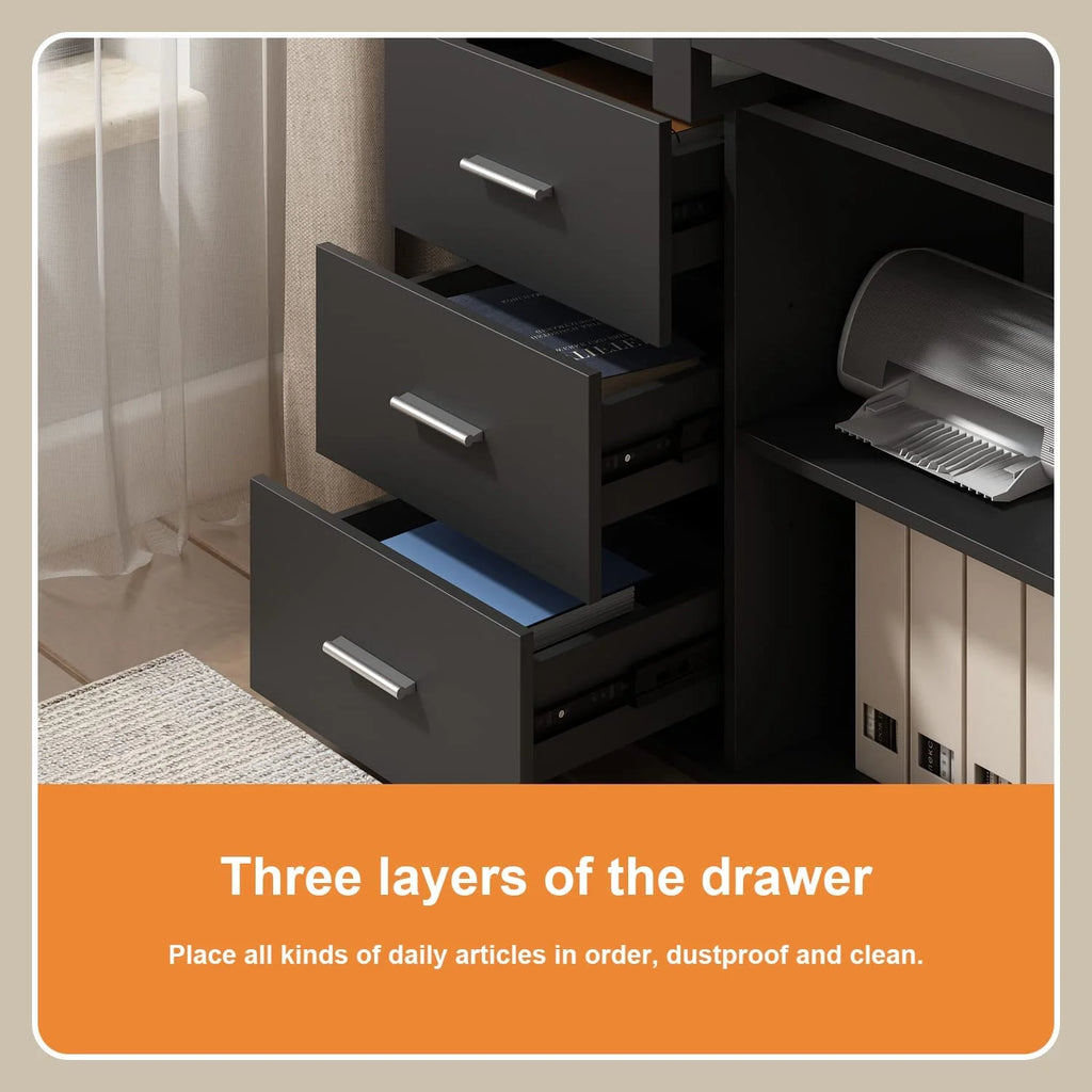 55.1" L-Shaped Office Desk with File Cabinet and 3 Drawers Black V260333