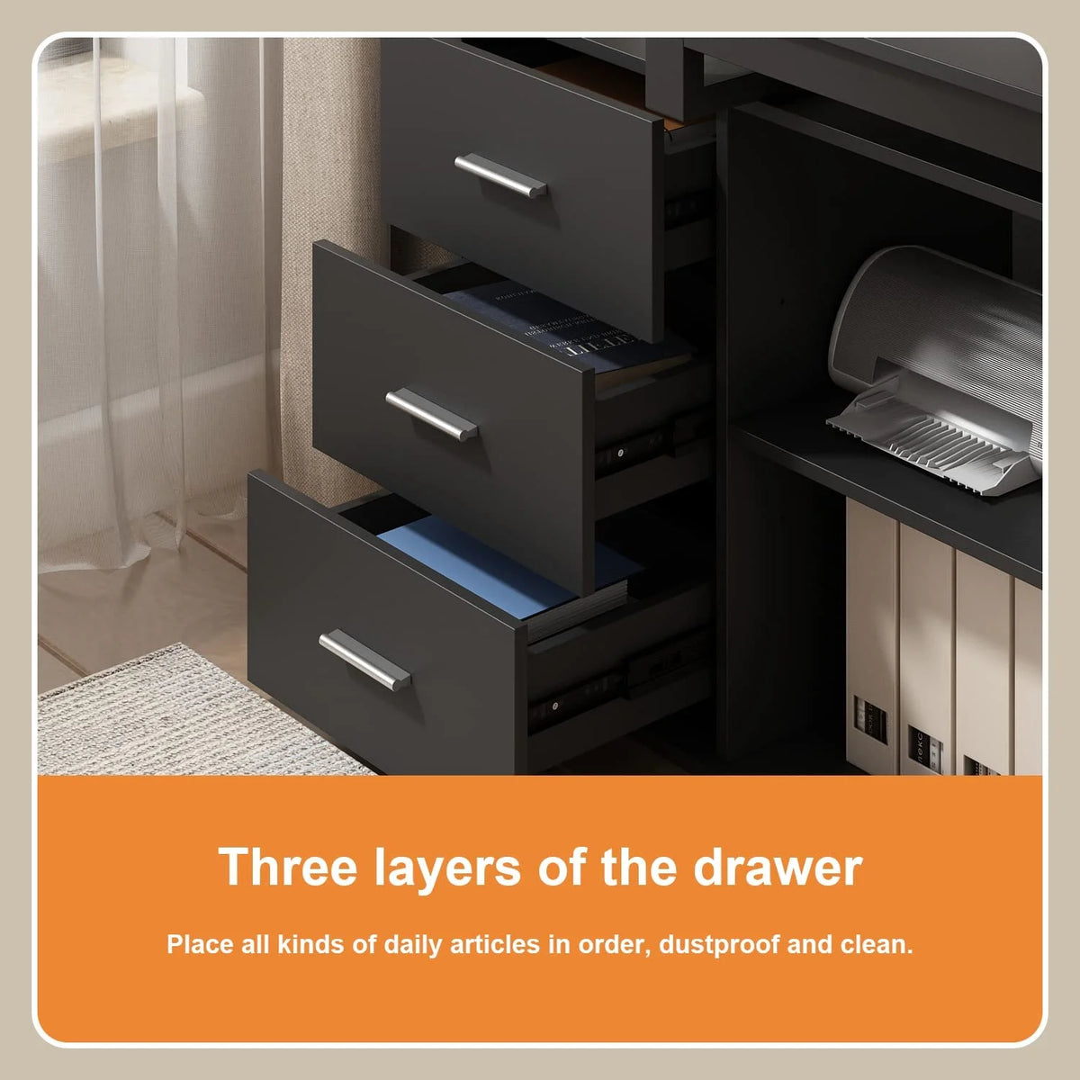 55.1" L-Shaped Office Desk with File Cabinet and 3 Drawers Black V260333