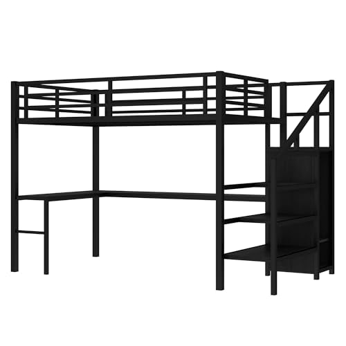 Full Size Black Metal Loft Bed with Desk and Wardrobe A367