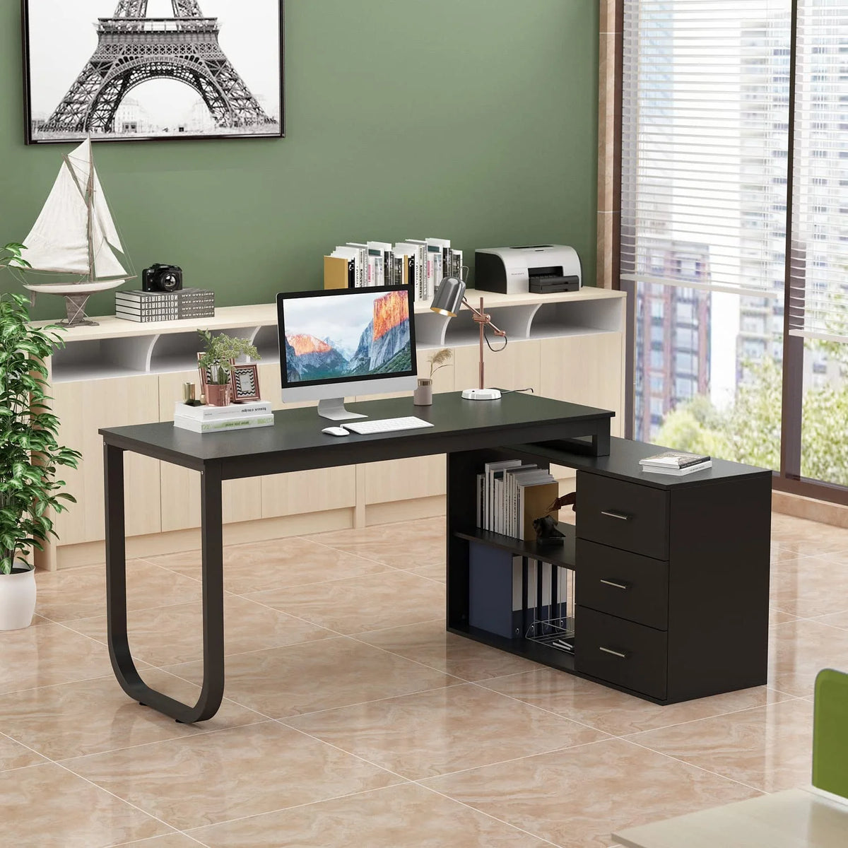 55.1" L-Shaped Office Desk with File Cabinet and 3 Drawers Black V260333