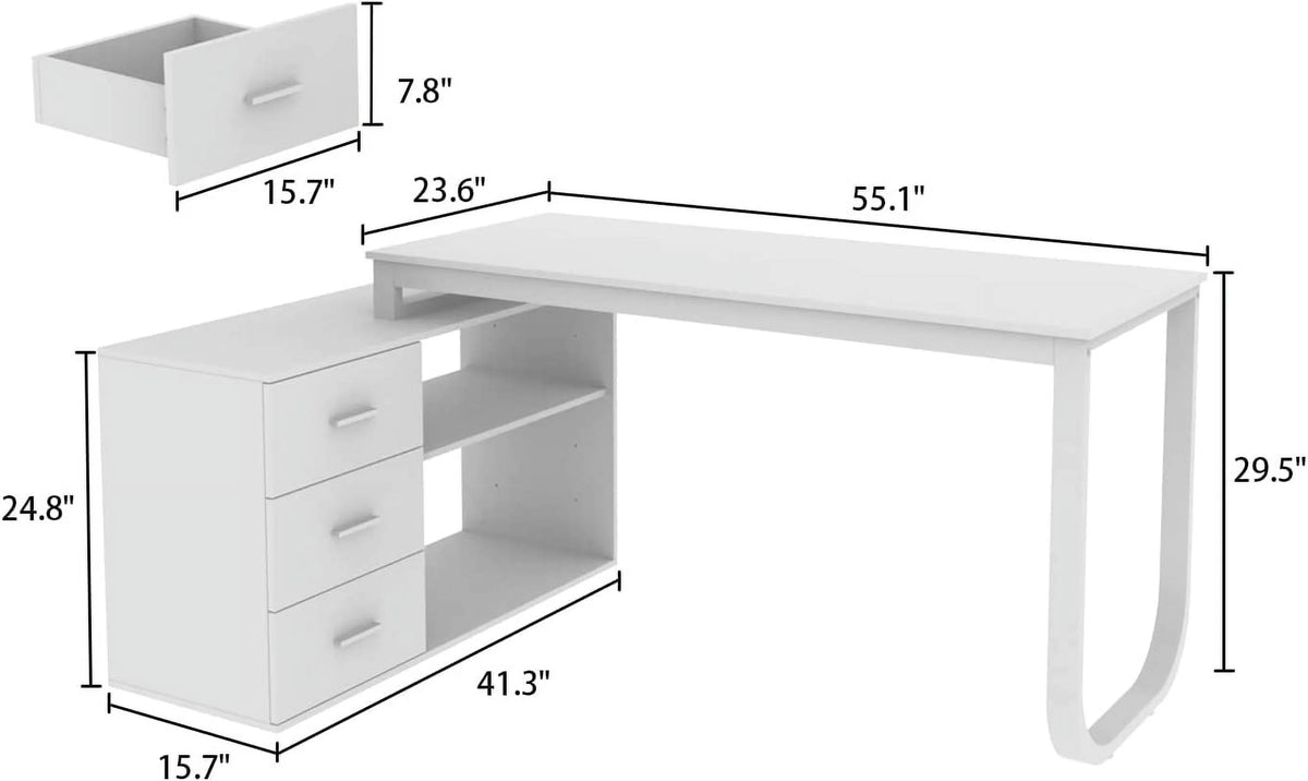 55.1" L-Shaped Office Desk with File Cabinet and 3 Drawers Black V260333