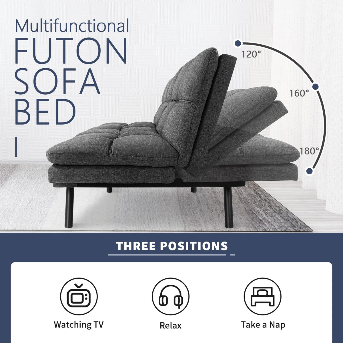 Memory Foam Futon Sofa Bed with Adjustable Armrests and Backrest, Gray I588017