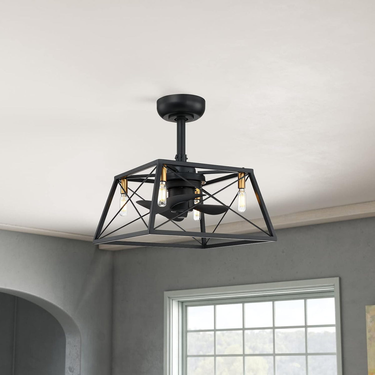 Black and Gold Caged Ceiling Fan with LED Light Kit R942372