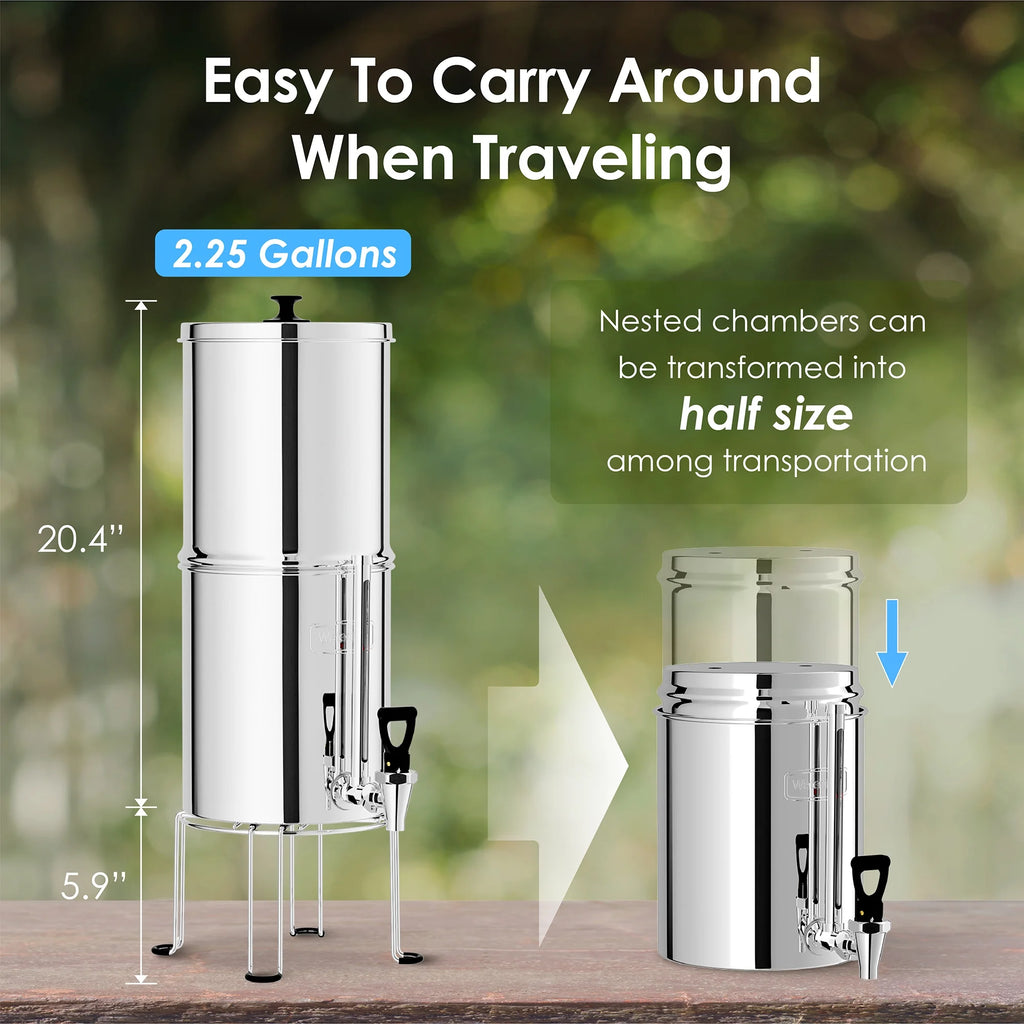 Stainless-steel Gravity-fed Water Filter System with 2 Filters and Stand T780