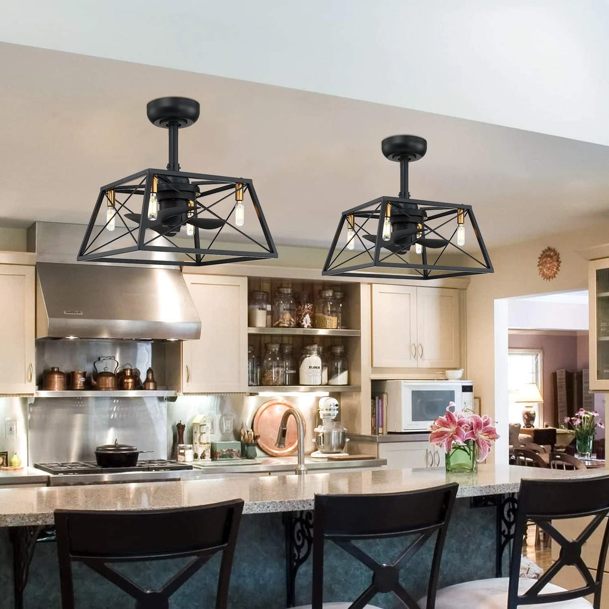 Black and Gold Caged Ceiling Fan with LED Light Kit R942372