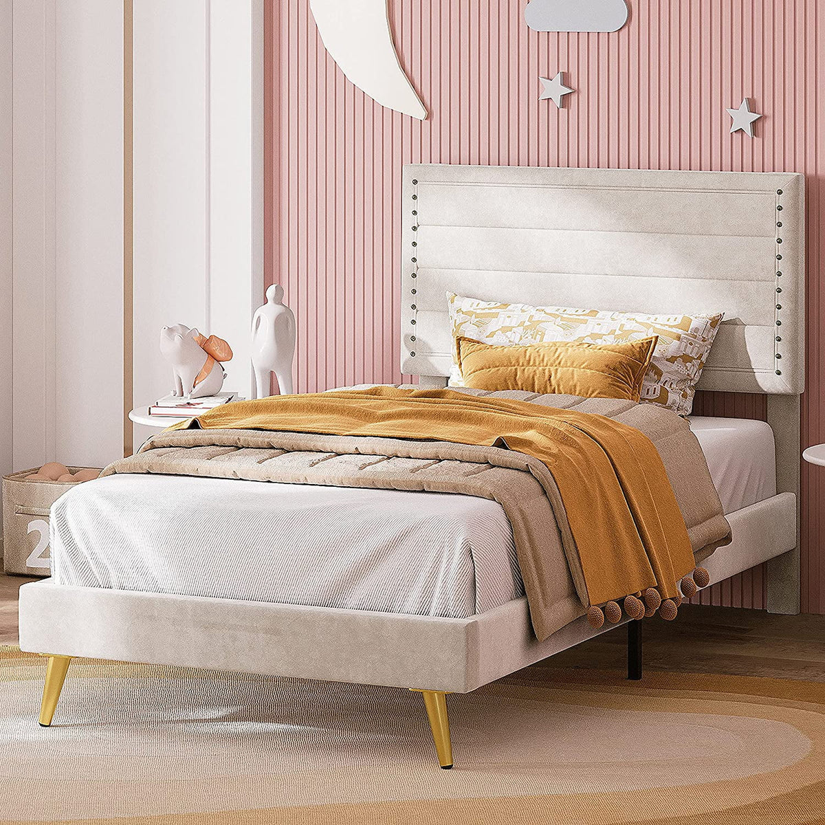 Beige Upholstered Wood Twin Bed Frame Q38375