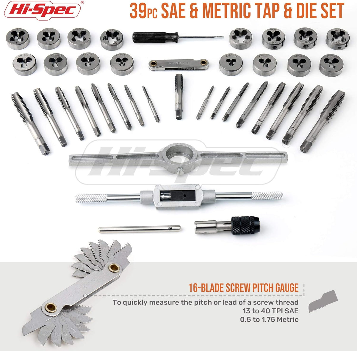 39 Piece SAE & Metric Tap & Die Set with Screw Pitch Gauge in Tray Case O42465