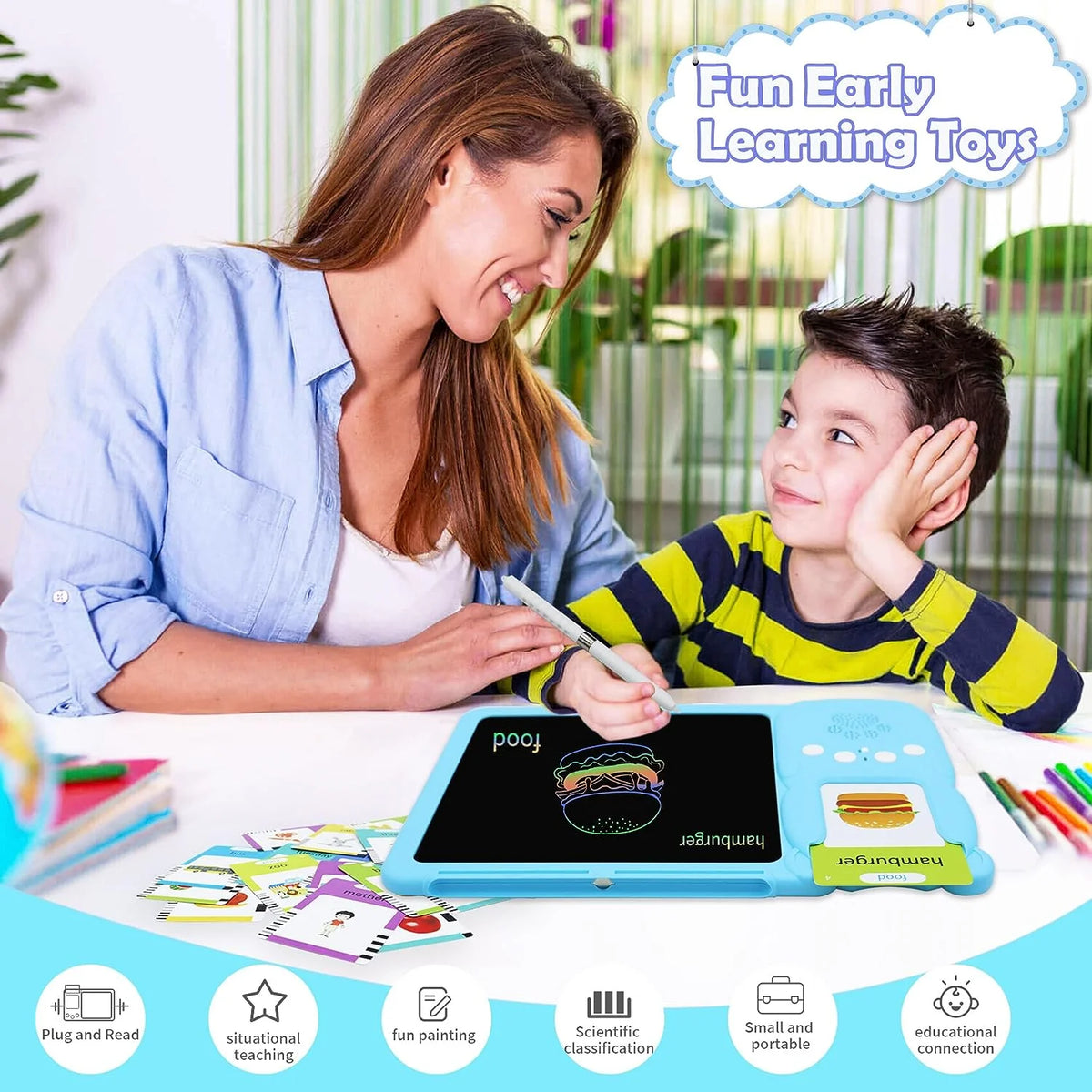 Talking Flash Cards with LCD Writing Drawing Tablet Toddler Toys 224 Words Blue M3754