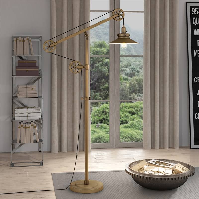 Brushed Brass Wide Brim Floor Lamp with Pulley System D5311