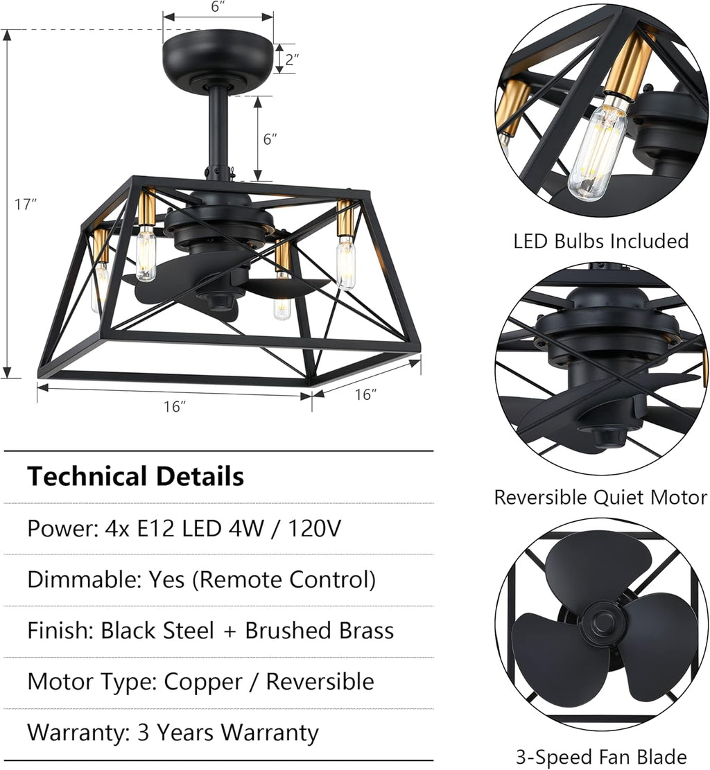 Black and Gold Caged Ceiling Fan with LED Light Kit R942372