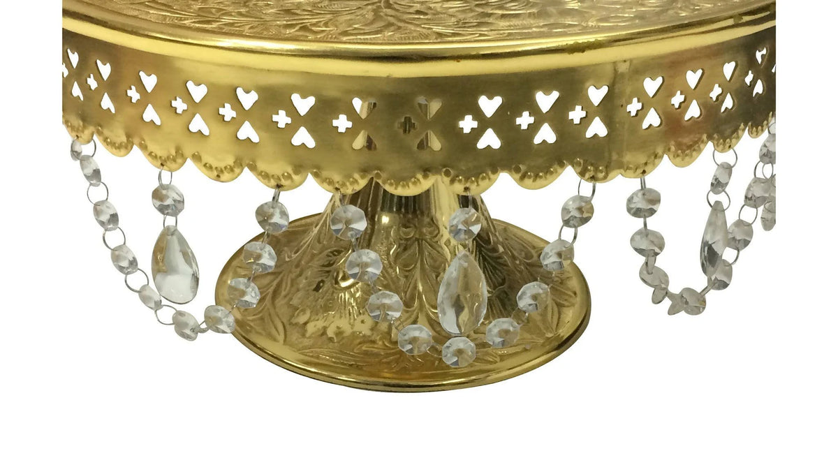 Gold Finish Round Wedding Cake Stand with Glass Clear Crystals Z516