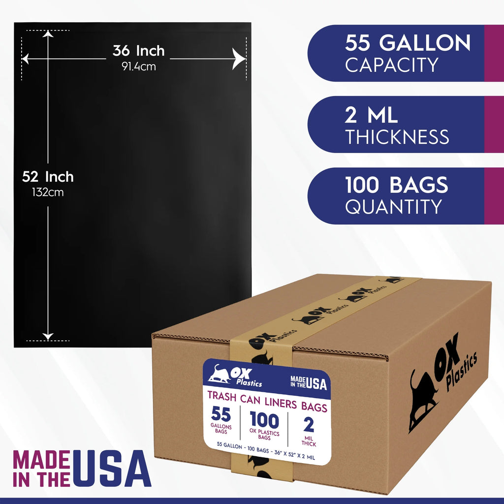 Black 55 Gallon 2 MIL Contractor Heavy Duty Trash Can Liner Bags, 100 Bags R68756