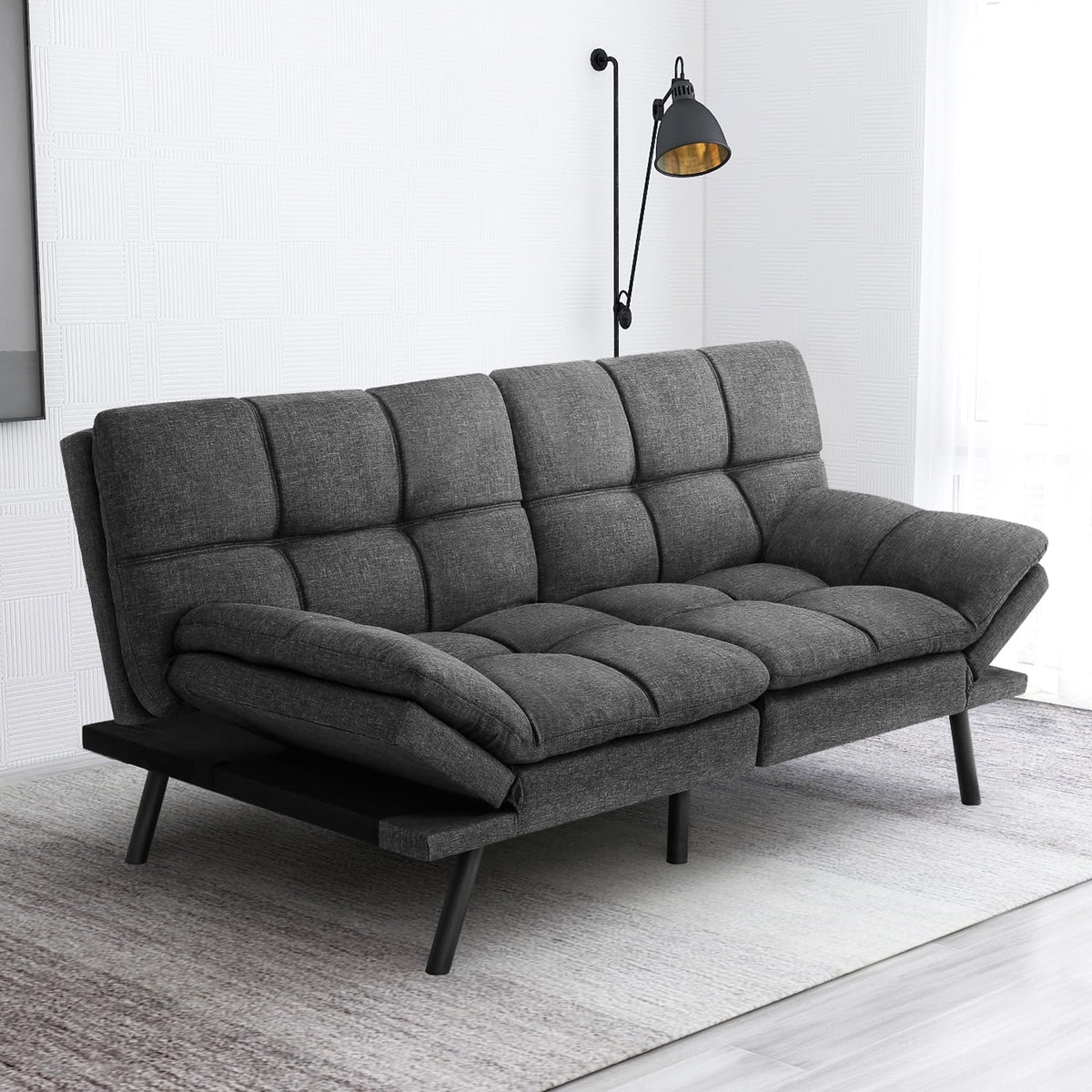 Memory Foam Futon Sofa Bed with Adjustable Armrests and Backrest, Gray I588017