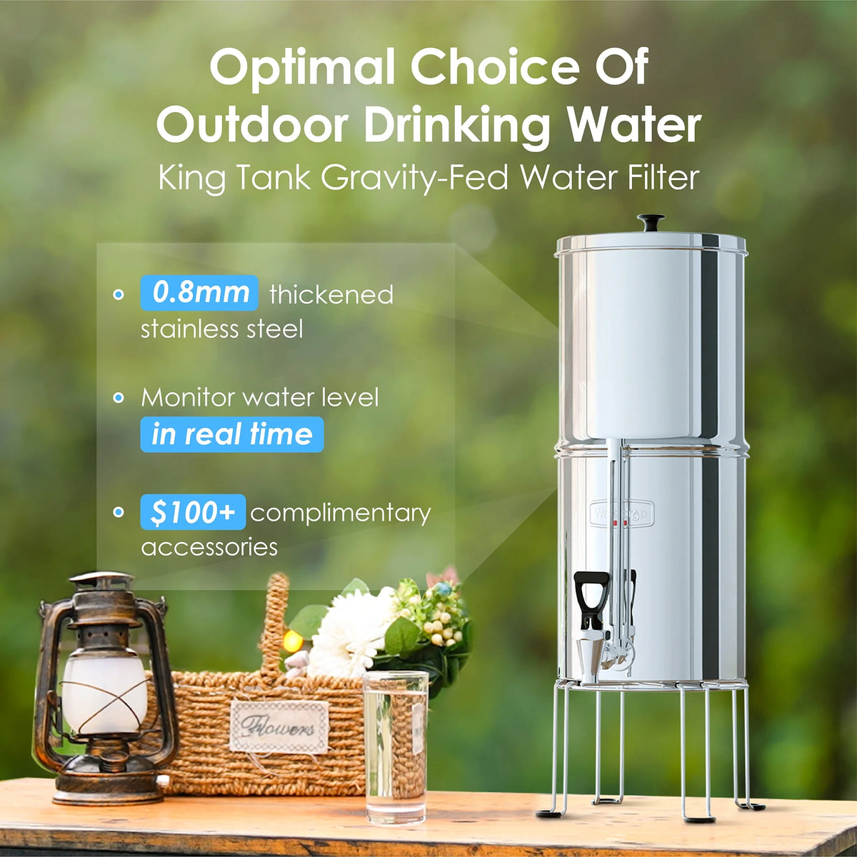 Stainless-steel Gravity-fed Water Filter System with 2 Filters and Stand T780