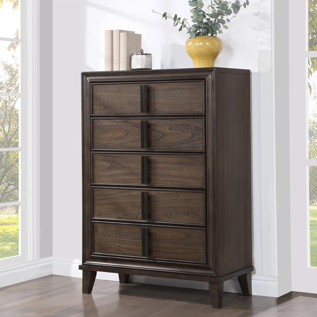 Contemporary Wood 5-Drawer Chest in Dark Brown N17176