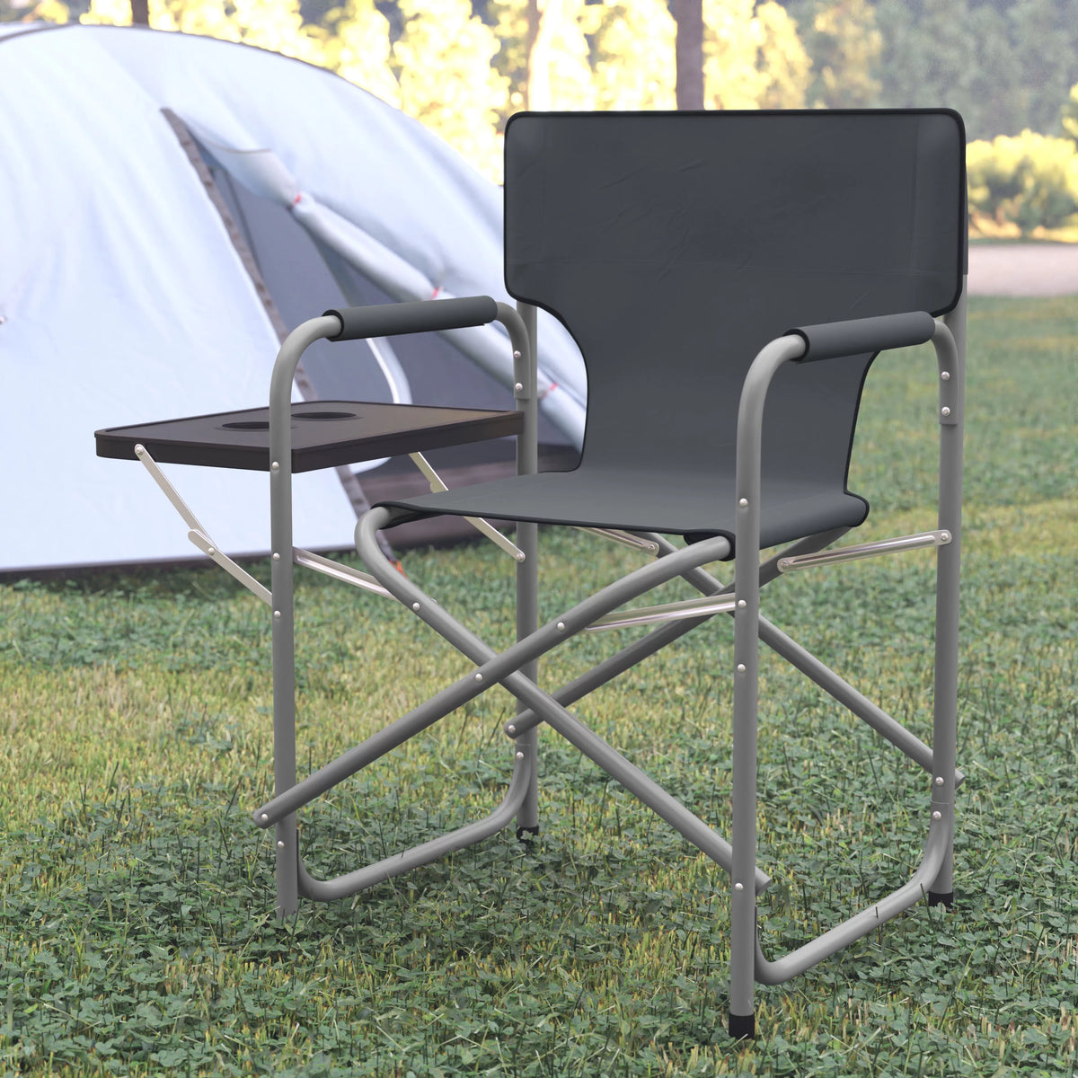 Folding Gray Camping Chair with Side Table and Cup Holder X4212