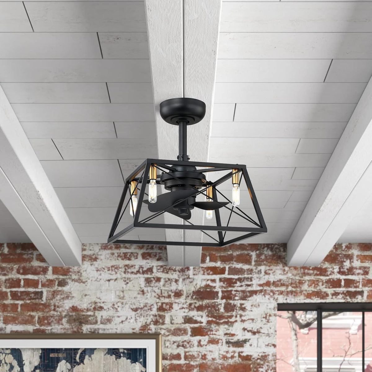 Black and Gold Caged Ceiling Fan with LED Light Kit R942372