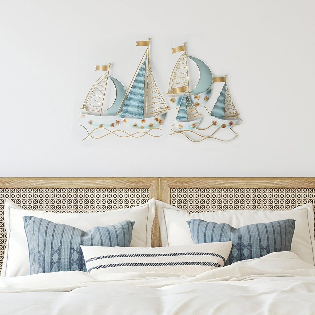 Set of 2 Blue Metal Sail Boat Wall Sculpture C411727