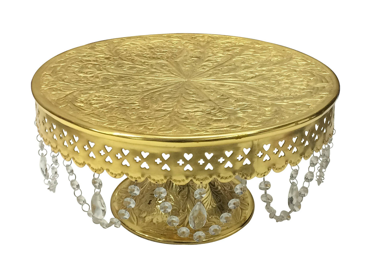 Gold Finish Round Wedding Cake Stand with Glass Clear Crystals Z516