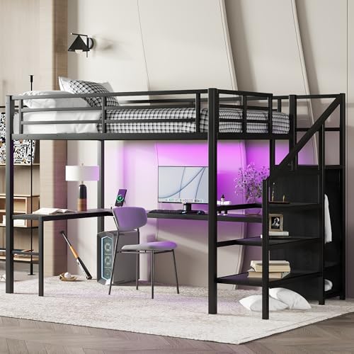 Full Size Black Metal Loft Bed with Desk and Wardrobe A367