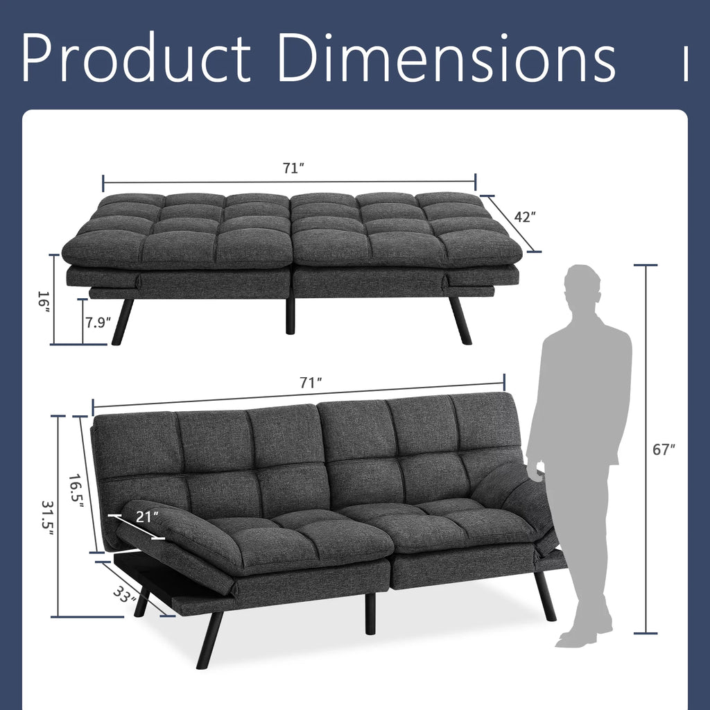 Memory Foam Futon Sofa Bed with Adjustable Armrests and Backrest, Gray I588017