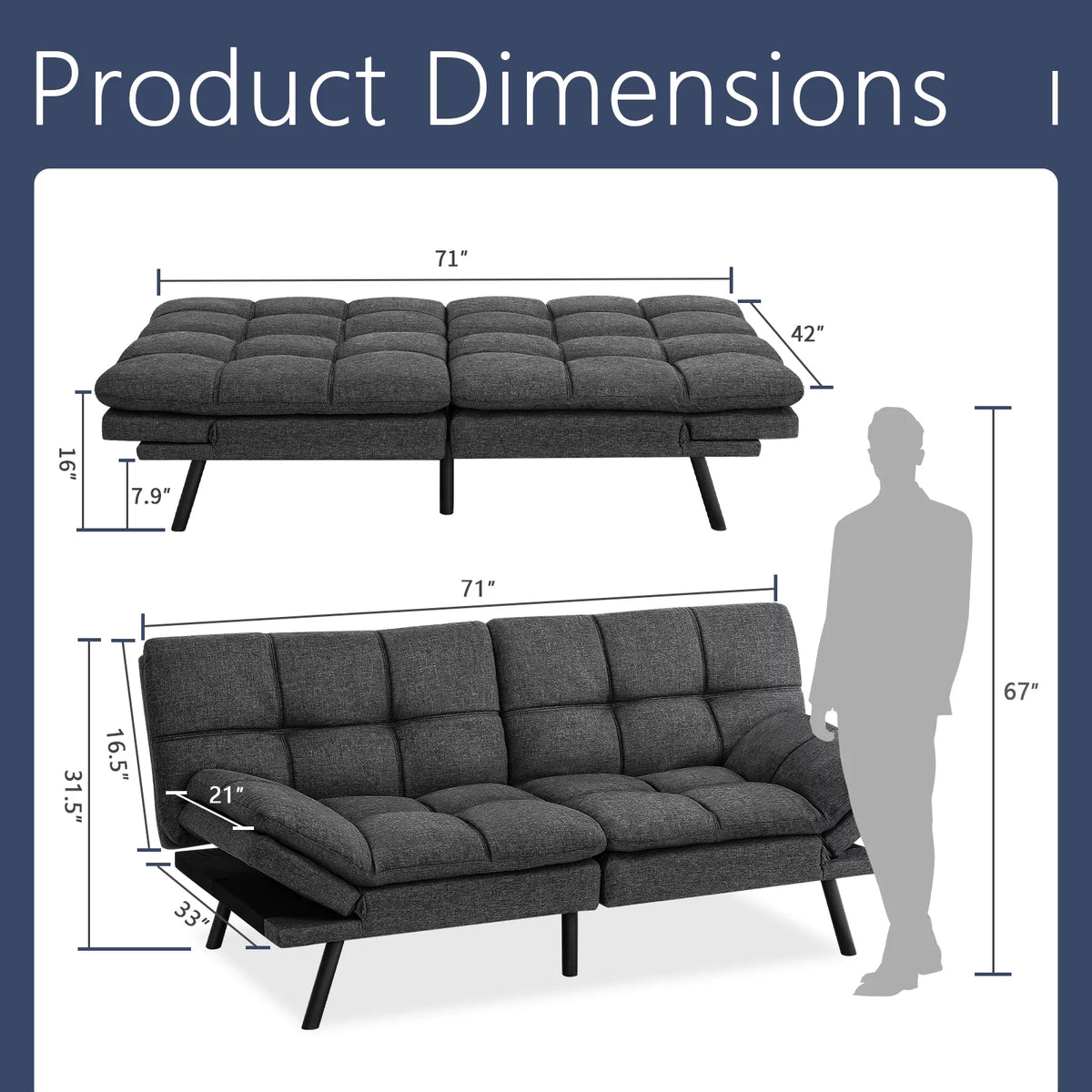 Memory Foam Futon Sofa Bed with Adjustable Armrests and Backrest, Gray I588017