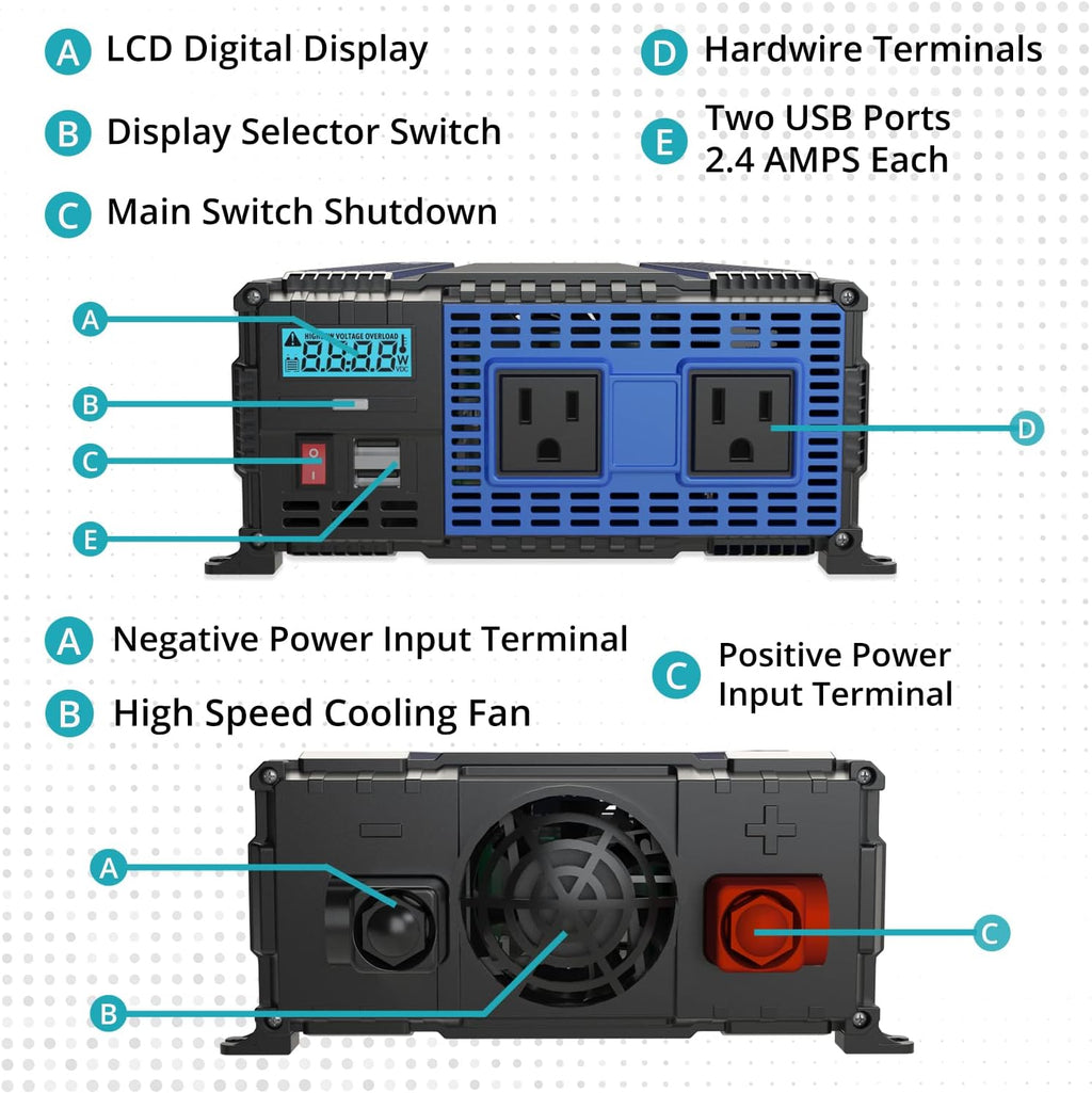 2000 Watt 12V Power Inverter Dual USB & AC Outlets T893