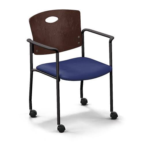 Standard Chair with Arms and Casters Cherry Wood Back Taupe Vinyl Seat Black Frame P28086