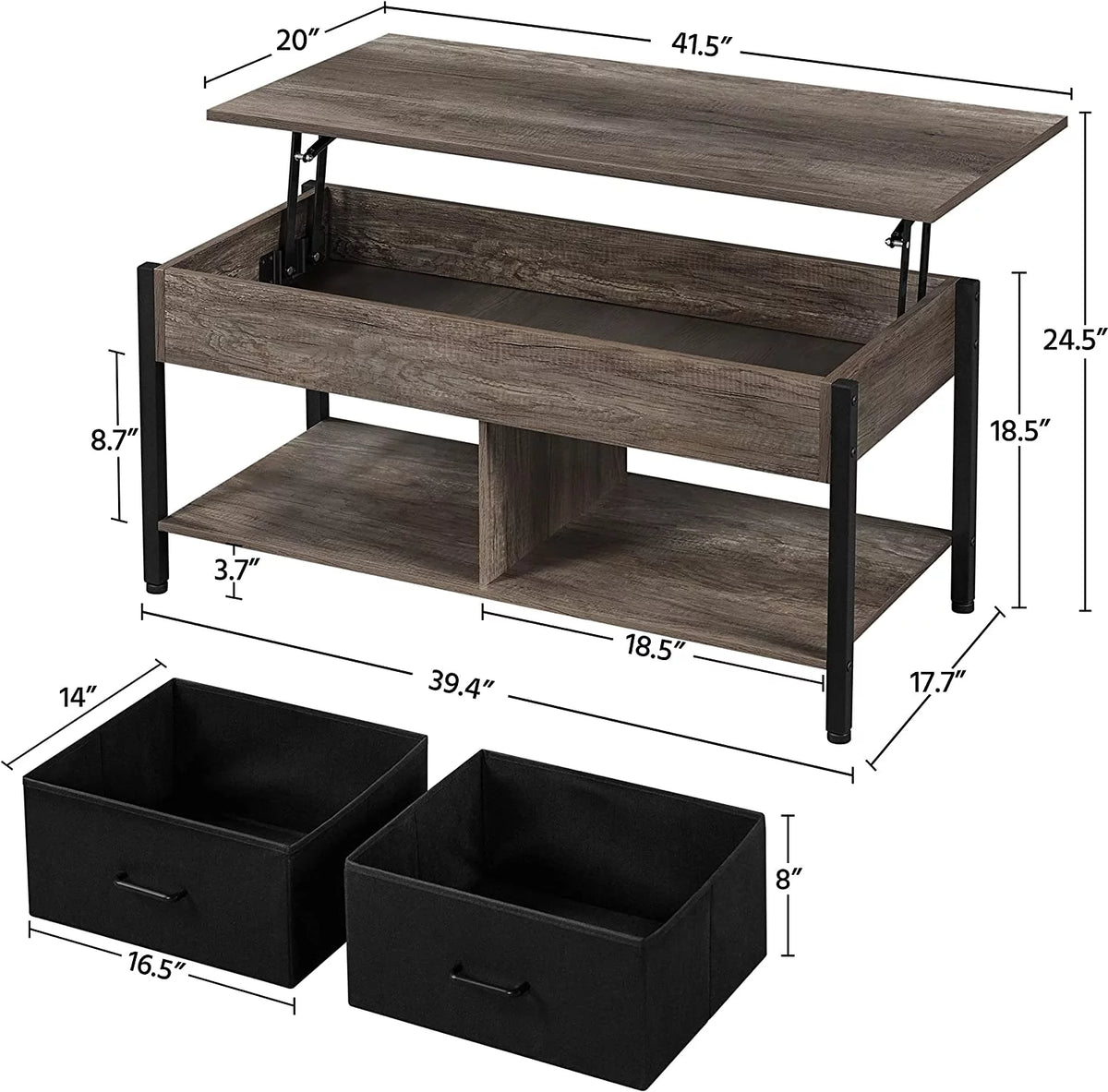 41 Inch Lift Top Coffee Table with Hidden Storage and 2 Fabric Baskets M6581