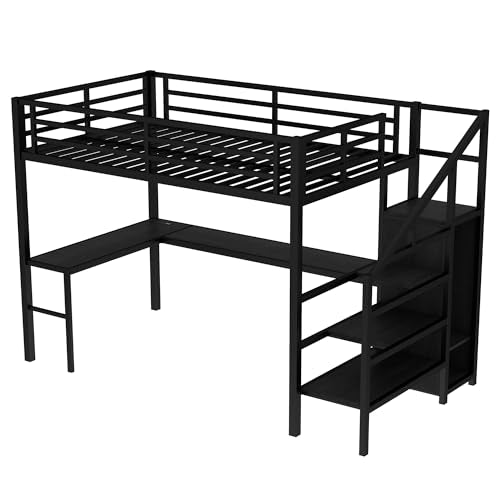 Full Size Black Metal Loft Bed with Desk and Wardrobe A367