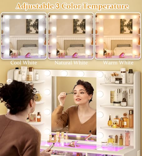 White Vanity Desk with Mirror and Lights U81766