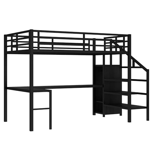 Full Size Black Metal Loft Bed with Desk and Wardrobe A367