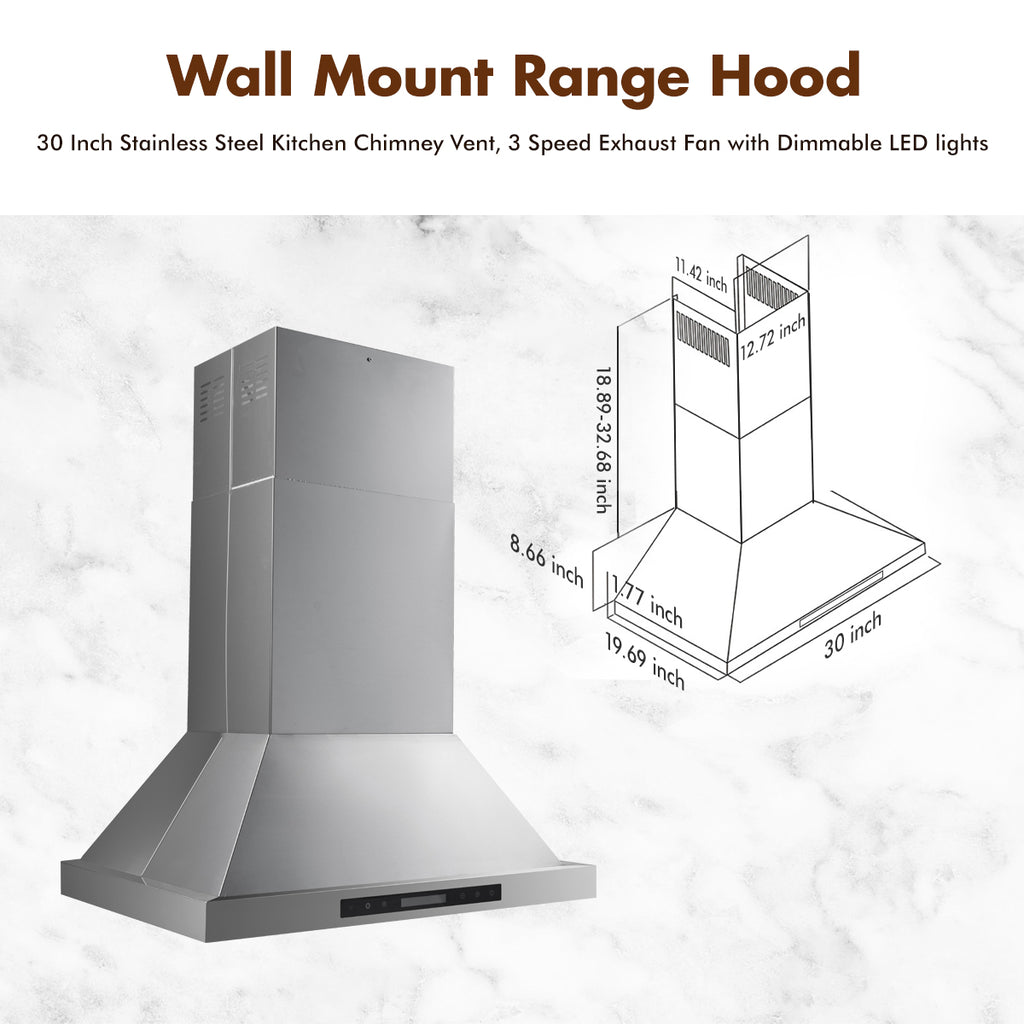 Ceiling Chimney-Style Range Hood with LED Lights, 4-Speed Fan U23759