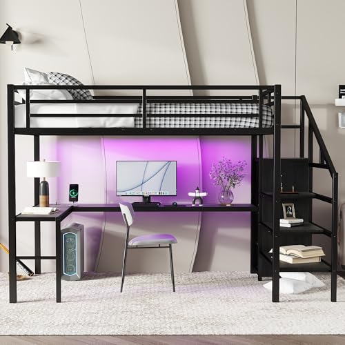 Full Size Black Metal Loft Bed with Desk and Wardrobe A367