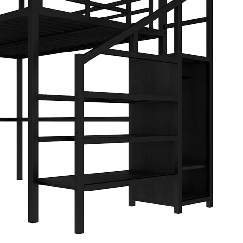Full Size Black Metal Loft Bed with Desk and Wardrobe A367