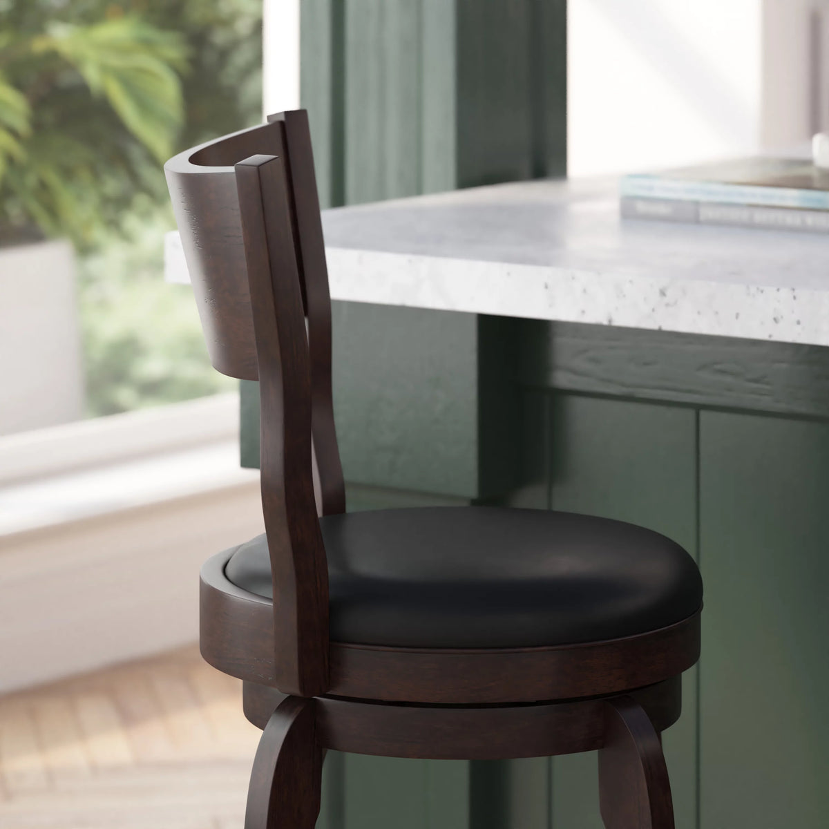 Espresso Swivel Counter Height Pub Stool with Black Faux Leather Seat U188