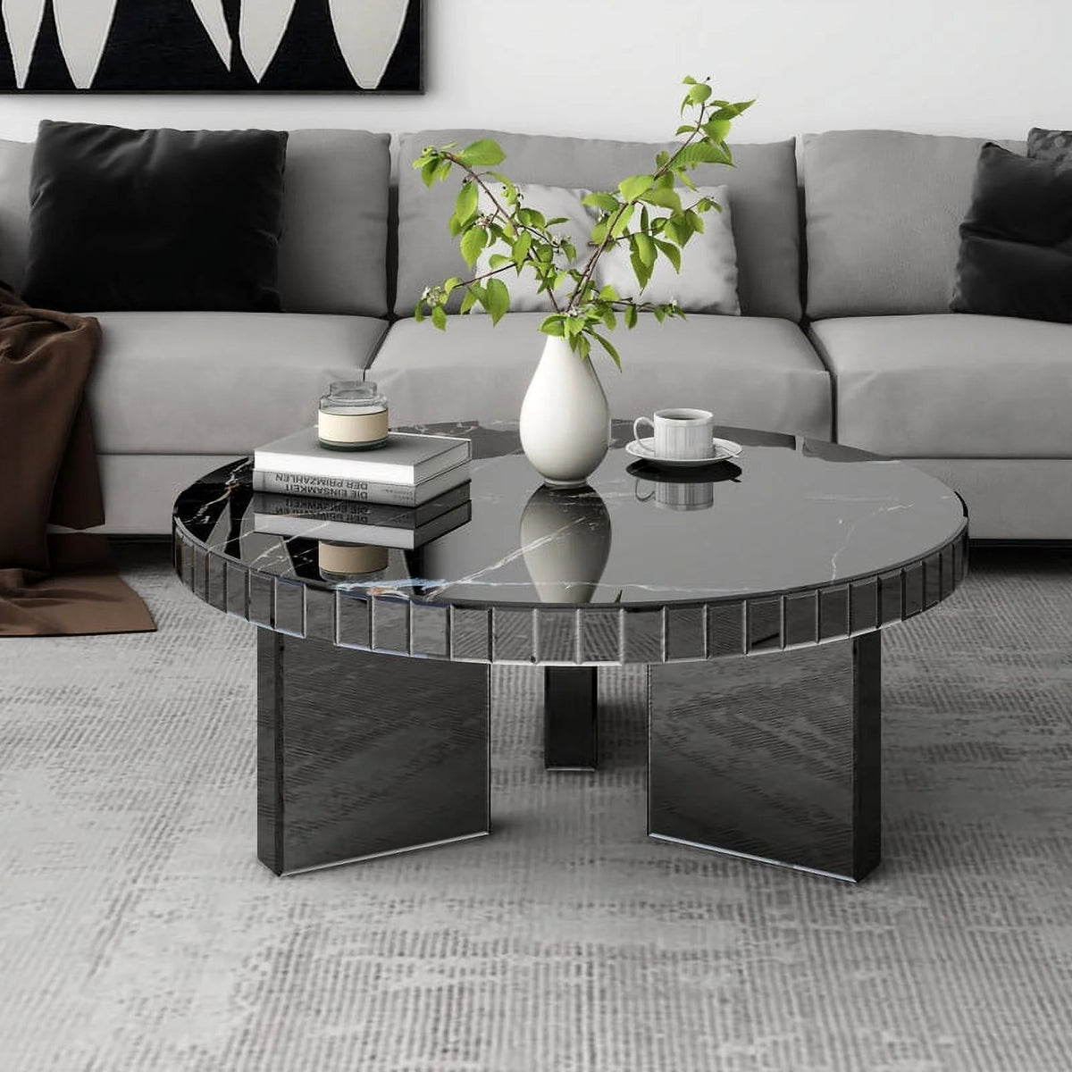 Grey Round Marble Textured Coffee Table Z658334