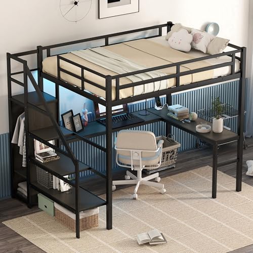 Full Size Black Metal Loft Bed with Desk and Wardrobe A367