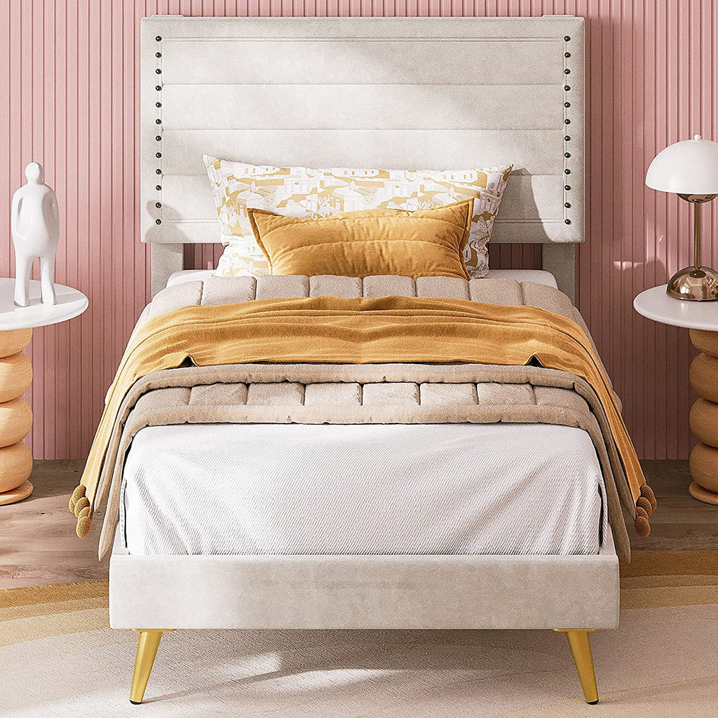 Beige Upholstered Wood Twin Bed Frame Q38375