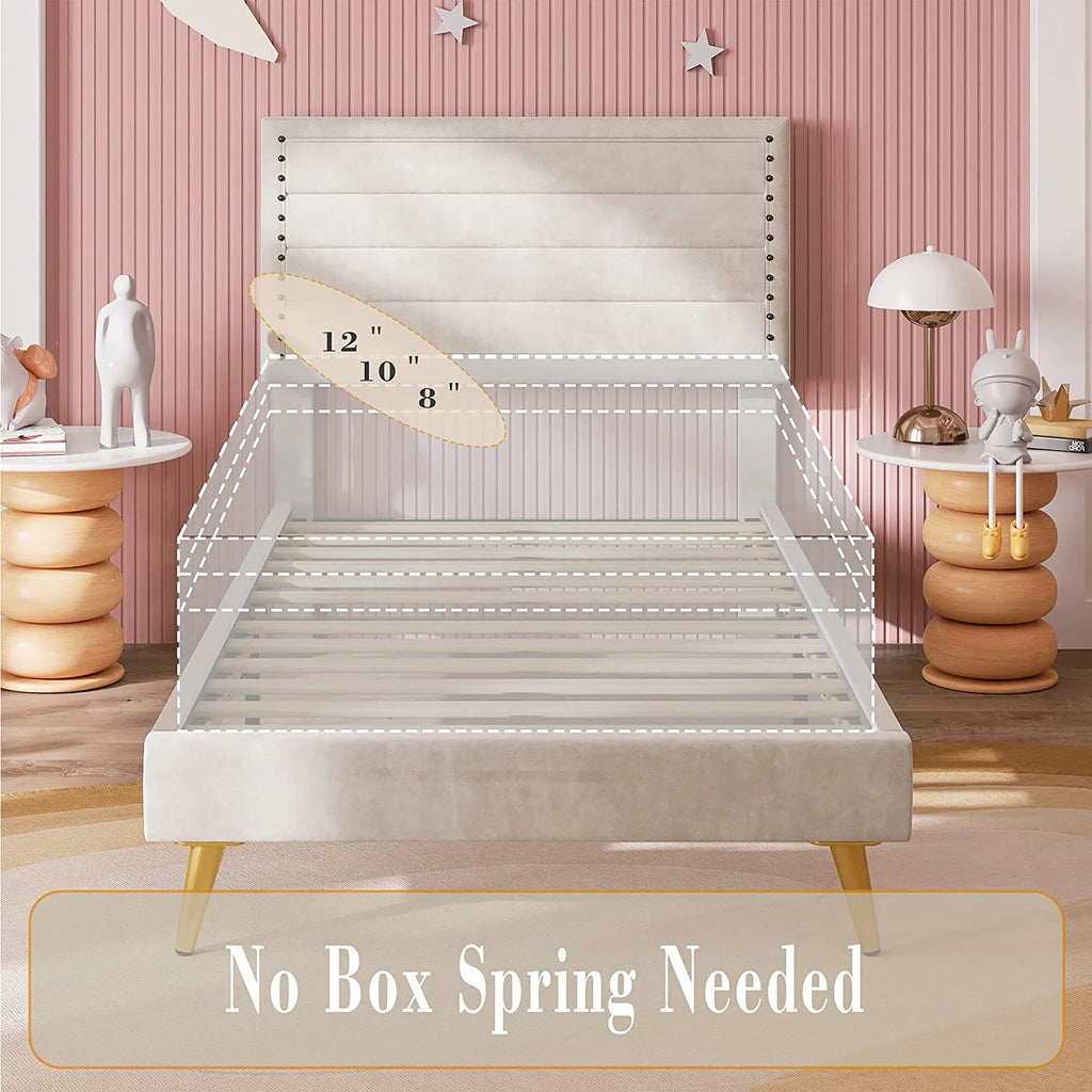 Beige Upholstered Wood Twin Bed Frame Q38375