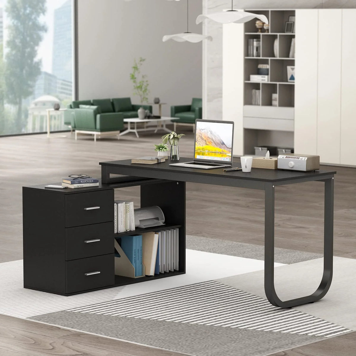 55.1" L-Shaped Office Desk with File Cabinet and 3 Drawers Black V260333